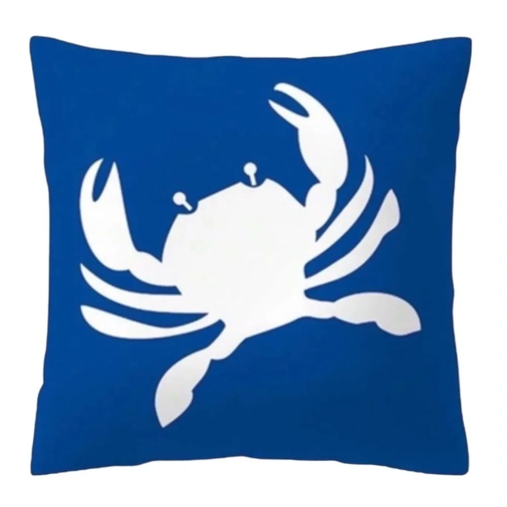 Coastal Nautical Crab Pillow Cover Graphic  17.7 in Square Classic Blue White